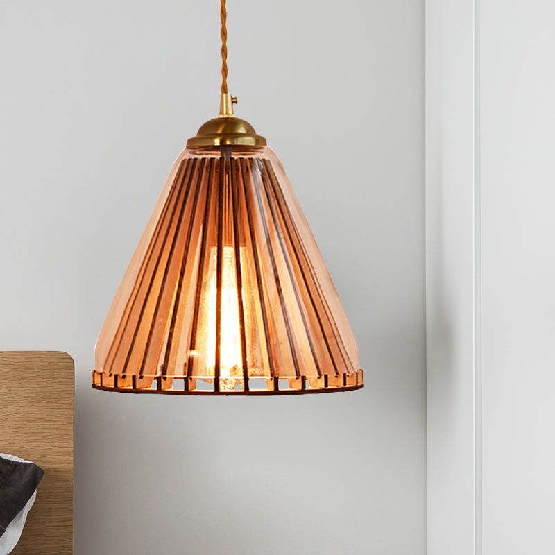 Farmhouse Gold Pendulum Light with Amber Glass Cone/Barrel Shade and Stranded Rope Pendant