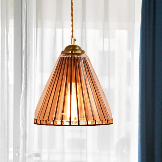 Farmhouse Gold Pendulum Light with Amber Glass Cone/Barrel Shade and Stranded Rope Pendant