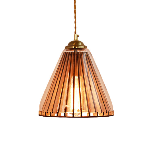 Farmhouse Style Gold Pendant Lamp With Amber Glass Cone And Stranded Rope