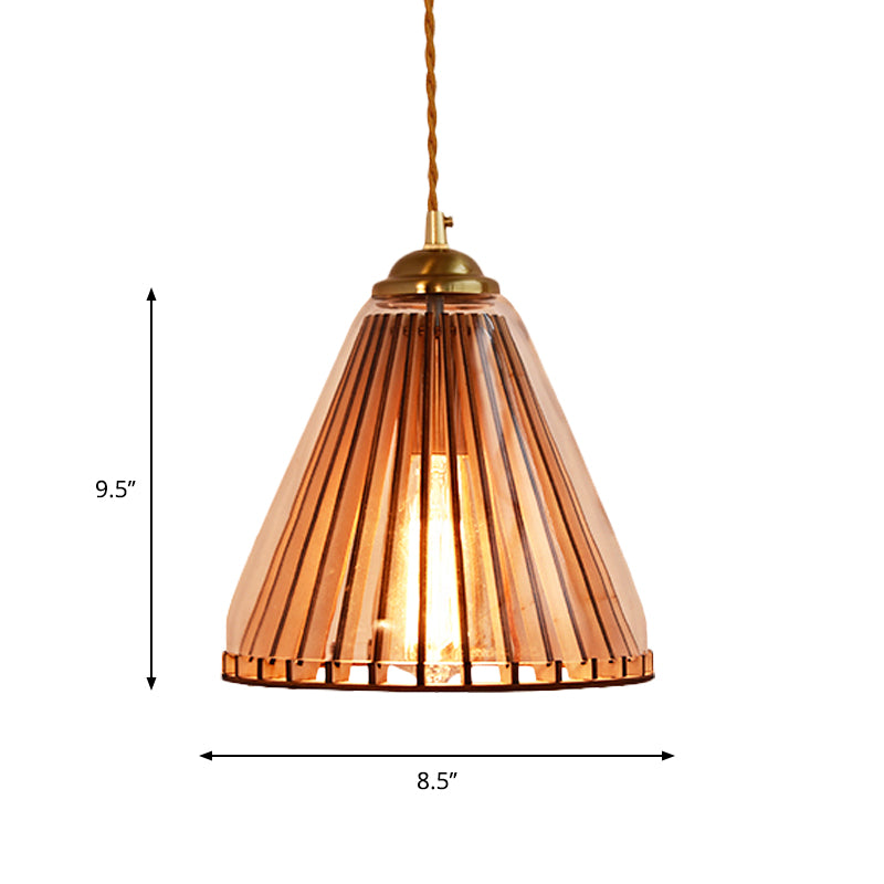 Farmhouse Style Gold Pendant Lamp With Amber Glass Cone And Stranded Rope