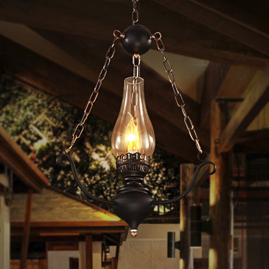 1-Head Farmhouse Pendant Lamp Kit with Chain Decor – Clear Glass, Elongated Design, Black Finish