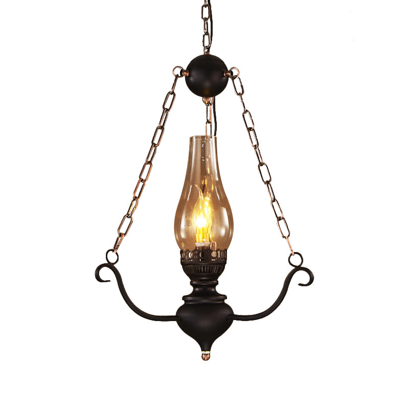 1-Head Farmhouse Pendant Lamp Kit with Chain Decor – Clear Glass, Elongated Design, Black Finish