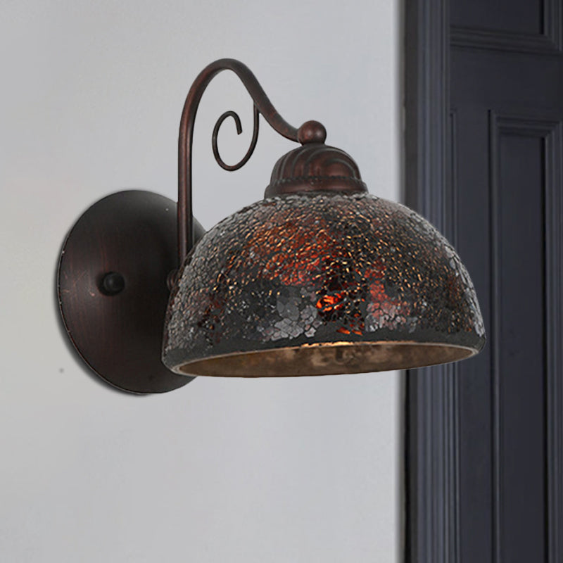 Antique Dome Sconce Lamp - Single Bulb Metal Curvy Arm Wall Lighting In Rust