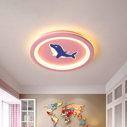 Simplicity LED Flush Mount Lamp - Pink Round Dolphin Pattern Ceiling Light for Living Room - Warm/White Light