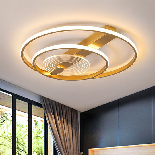 Contemporary Metal Flush Mount LED Gold Ceiling Lighting - Double Ring, 16"/19.5" Wide - Warm/White Light