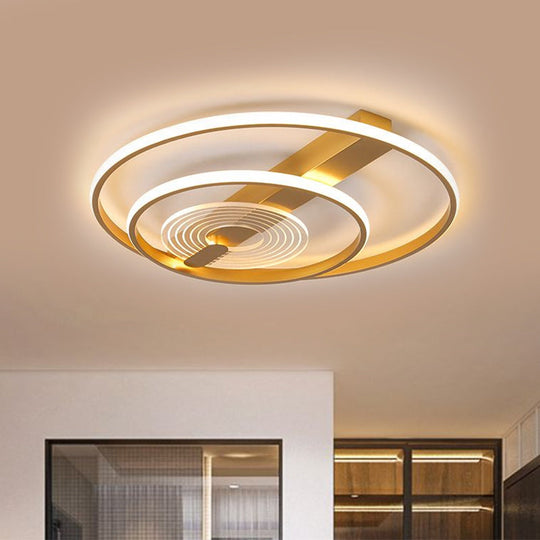 Contemporary Metal Flush Mount LED Gold Ceiling Lighting - Double Ring, 16"/19.5" Wide - Warm/White Light