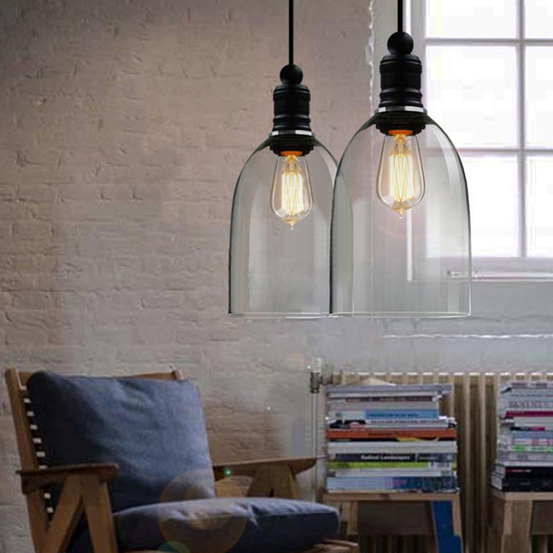 Industrial Style Pendant Light – Black Glass Hanging Ceiling Fixture with Clear Glass Bulb