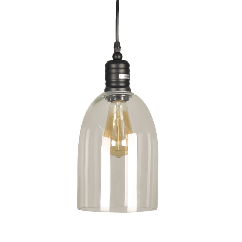 Industrial Style Pendant Light – Black Glass Hanging Ceiling Fixture with Clear Glass Bulb