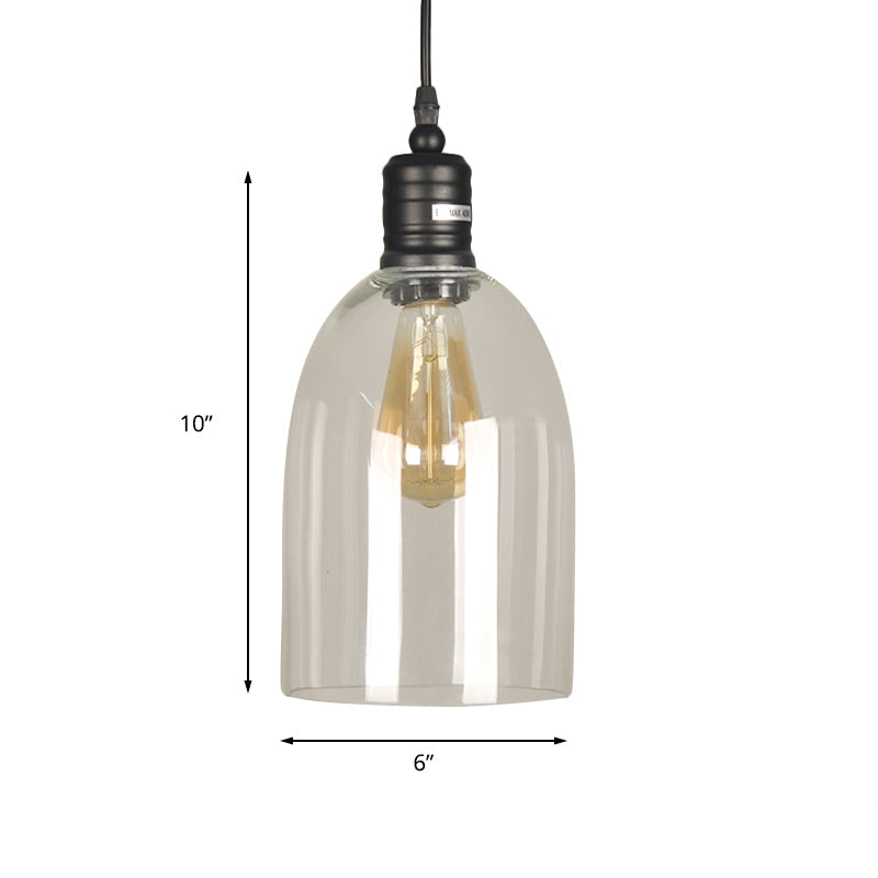 Industrial Style Pendant Light – Black Glass Hanging Ceiling Fixture with Clear Glass Bulb