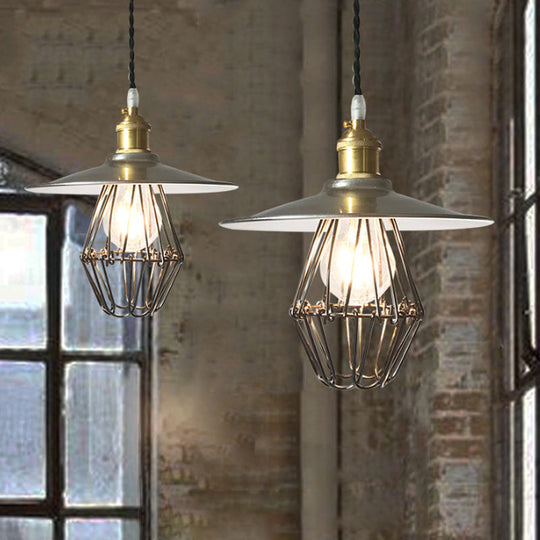 Nickel Industrial Saucer Drop Pendant Ceiling Lamp - Metal Caged Design Single Light 9/14 Width / 9