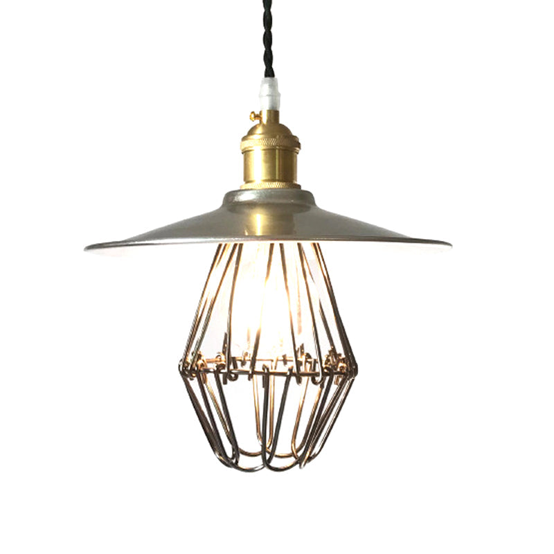 Industrial Saucer Drop Pendant Ceiling Lamp, Metal Cage Design in Nickel, 9"/14" Width