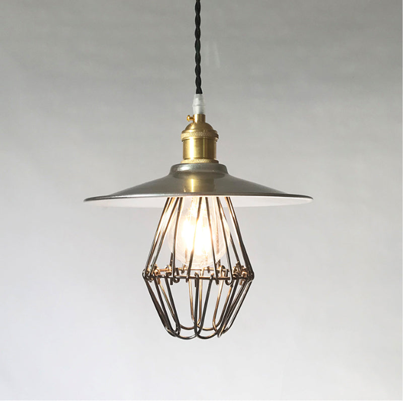 Industrial Saucer Drop Pendant Ceiling Lamp, Metal Cage Design in Nickel, 9"/14" Width