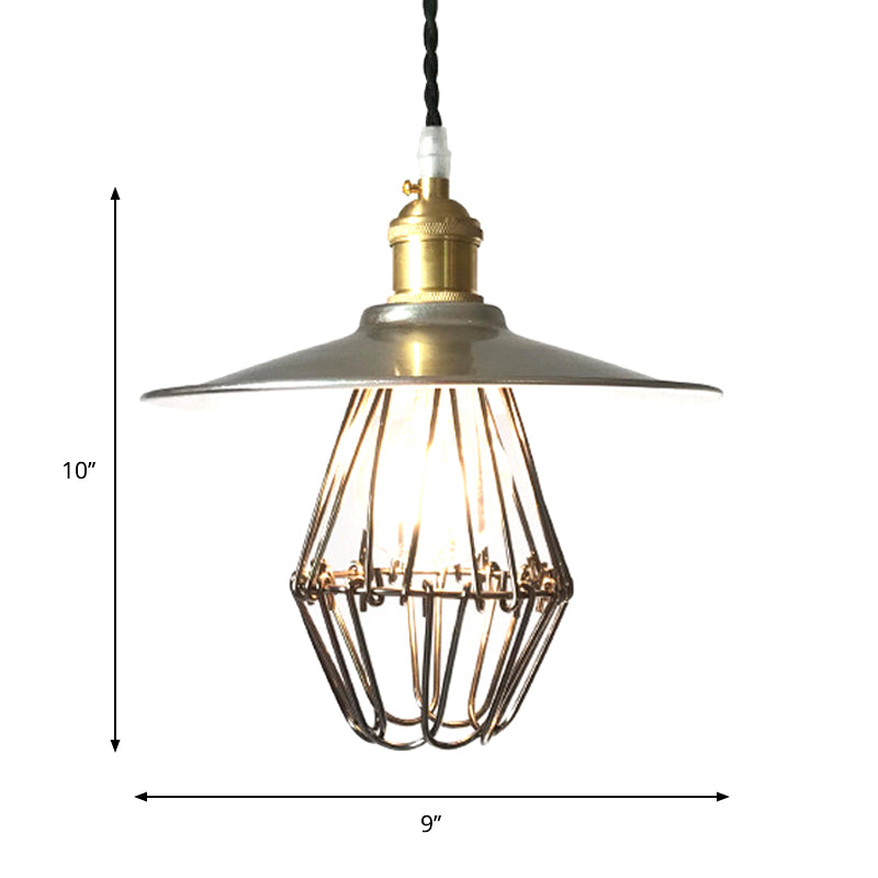 Industrial Saucer Drop Pendant Ceiling Lamp, Metal Cage Design in Nickel, 9"/14" Width