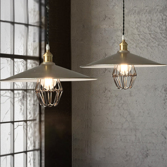 Nickel Industrial Saucer Drop Pendant Ceiling Lamp - Metal Caged Design Single Light 9/14 Width / 14