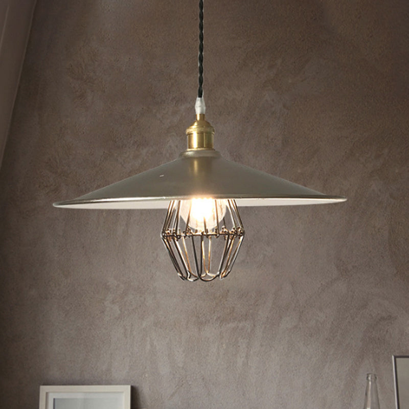 Nickel Industrial Saucer Drop Pendant Ceiling Lamp - Metal Caged Design Single Light 9/14 Width