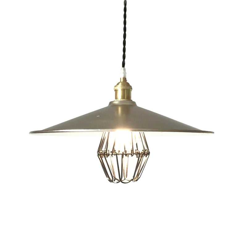 Industrial Saucer Drop Pendant Ceiling Lamp, Metal Cage Design in Nickel, 9"/14" Width