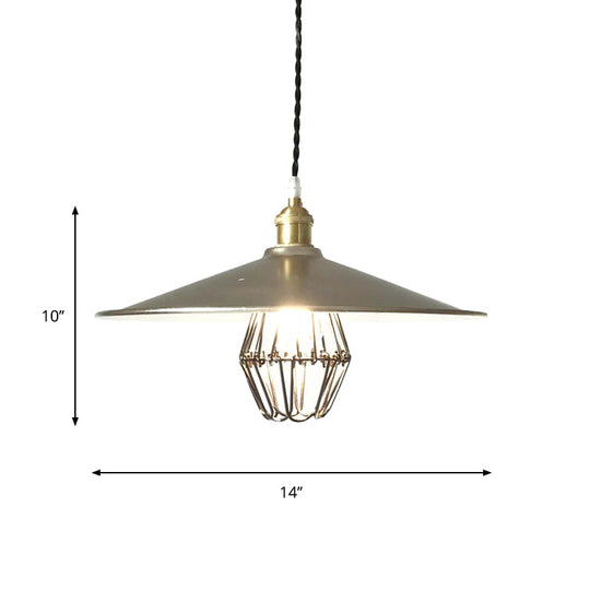 Industrial Saucer Drop Pendant Ceiling Lamp, Metal Cage Design in Nickel, 9"/14" Width