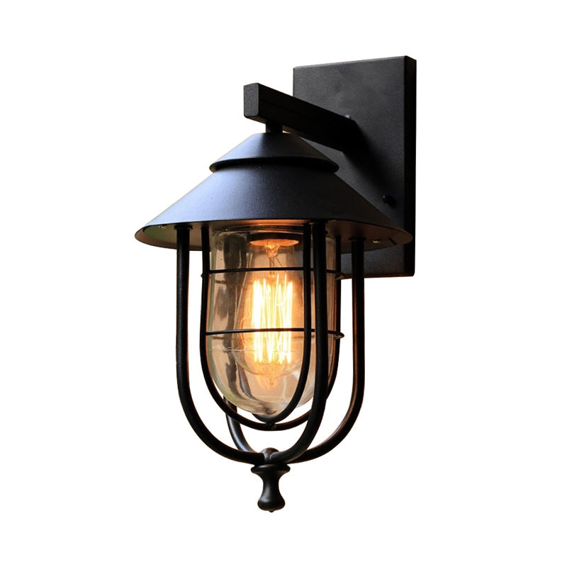 Metal Lantern Balcony Wall Sconce With Oval Clear Glass Shade - Weathered Copper/Black Finish