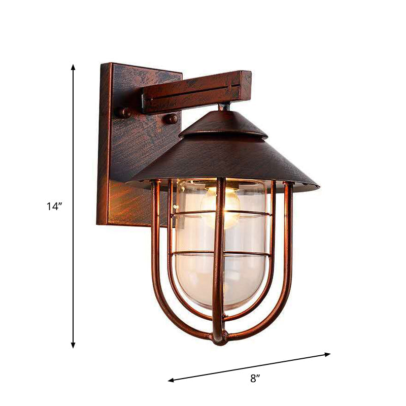 Metal Lantern Balcony Wall Sconce With Oval Clear Glass Shade - Weathered Copper/Black Finish