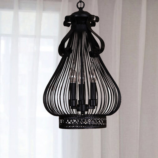 Black Metal Gourd-Like Candle Hanging Lamp Kit - 3-Light Pendant Chandelier In Loft Style