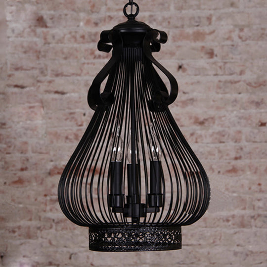 Black Metal Gourd-Like Pendant Chandelier - 3-Light Loft Style Candle Hanging Lamp Kit