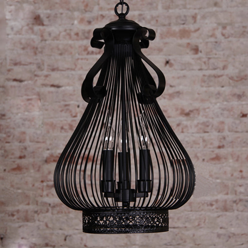 Black Metal Gourd-Like Candle Hanging Lamp Kit - 3-Light Pendant Chandelier In Loft Style