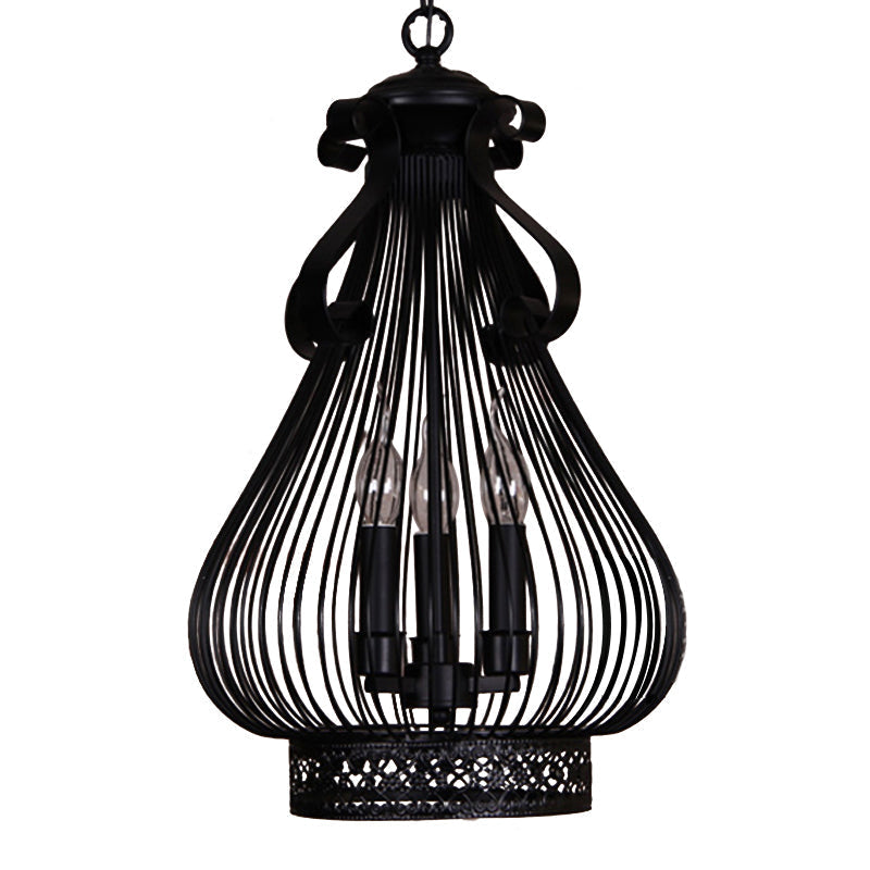 Black Metal Gourd-Like Pendant Chandelier - 3-Light Loft Style Candle Hanging Lamp Kit