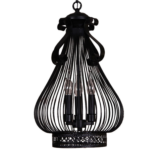 Black Metal Gourd-Like Candle Hanging Lamp Kit - 3-Light Pendant Chandelier In Loft Style