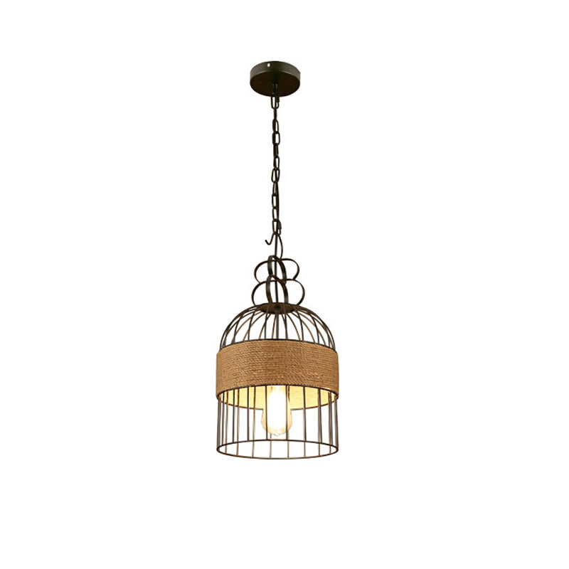 Black Metal & Rope Bird Cage Pendant Lamp for Restaurants