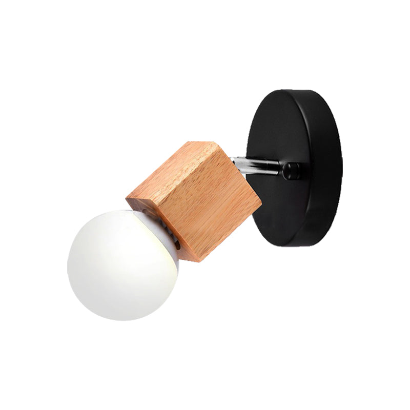 Industrial Style Black/White Wood Wall Sconce With Square Mount & Circular Backplate