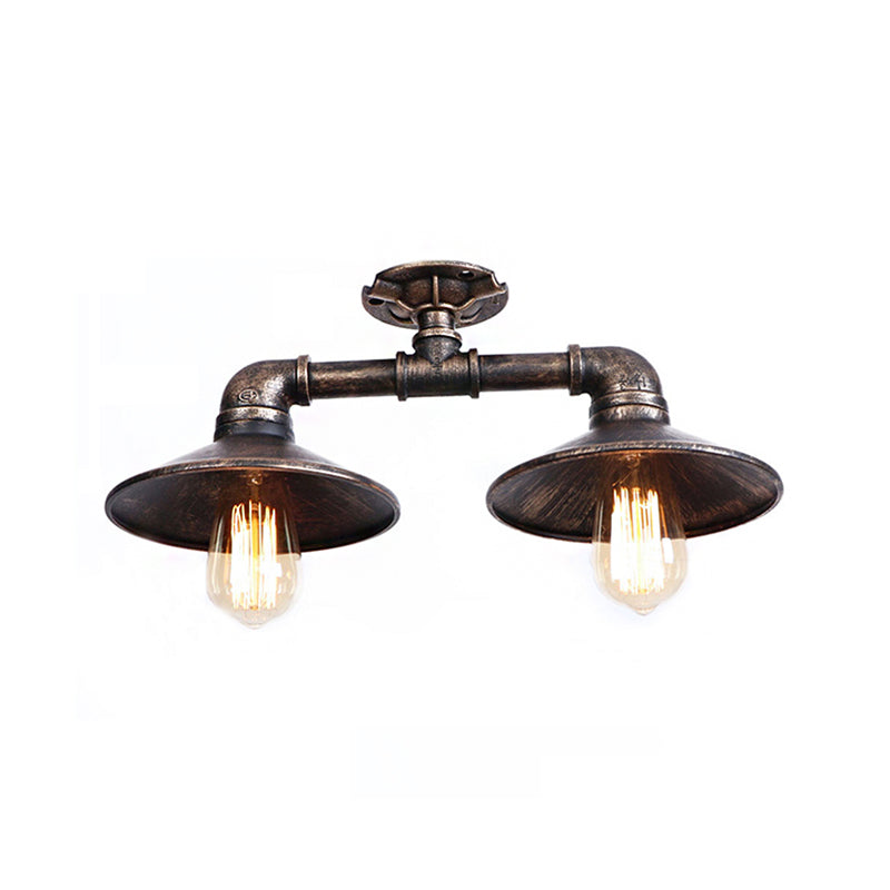 Wrought Iron Saucer Semi Flush Light - Retro Industrial Style - 2 Lights - Living Room Ceiling Mount in Bronze/Aged Silver