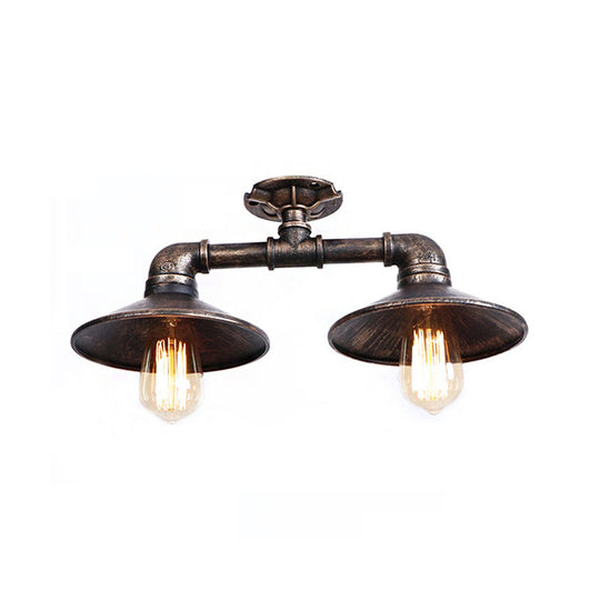 Wrought Iron Saucer Semi Flush Light - Retro Industrial Style 2 Lights Living Room Ceiling Mount In