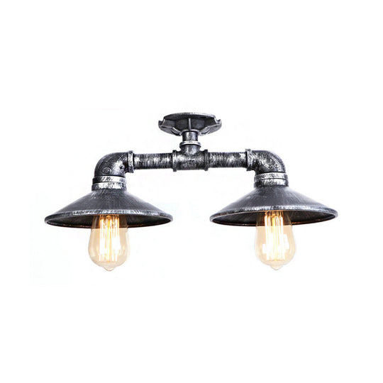 Wrought Iron Saucer Semi Flush Light - Retro Industrial Style - 2 Lights - Living Room Ceiling Mount in Bronze/Aged Silver