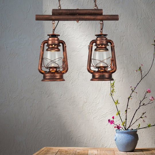 Copper Lantern Island Light With Clear Glass - 2-Bulb Kitchen Hanging Fixture