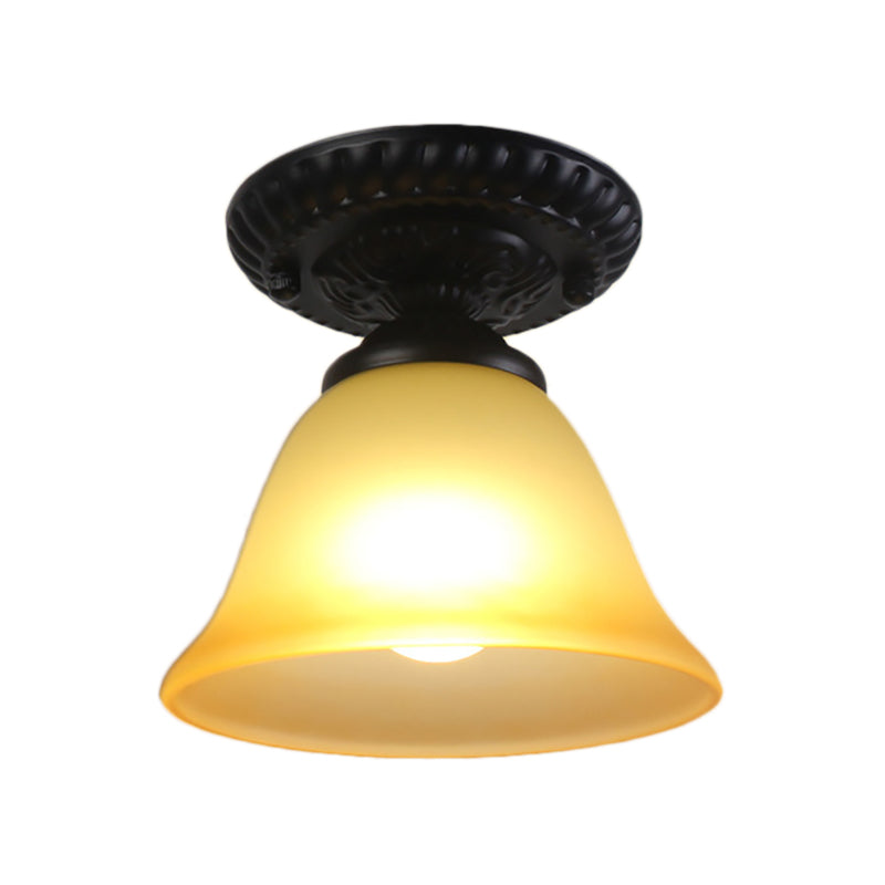 Vintage Black Semi Flush Ceiling Light with Bell Shade, Opal/Amber Glass - Ideal for Living Room