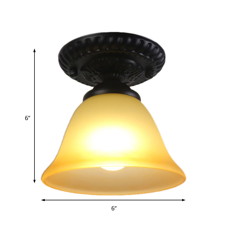 Vintage Black Semi Flush Ceiling Light with Bell Shade, Opal/Amber Glass - Ideal for Living Room