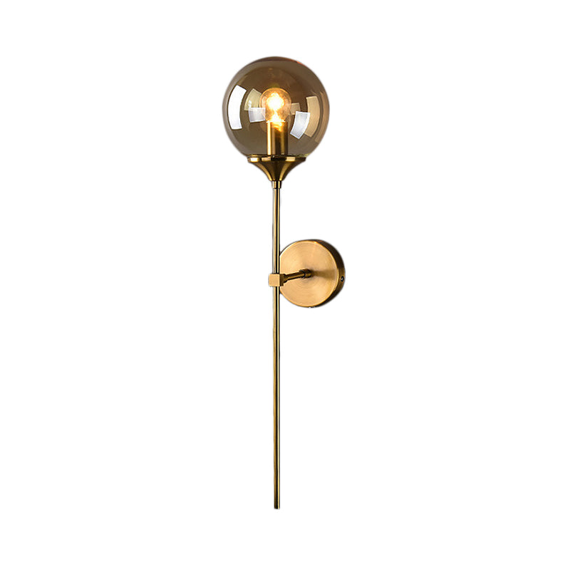 Brass Globe Shade Wall Sconce - Modern Single Bulb Clear/Grey/Amber Glass Light For Bedroom