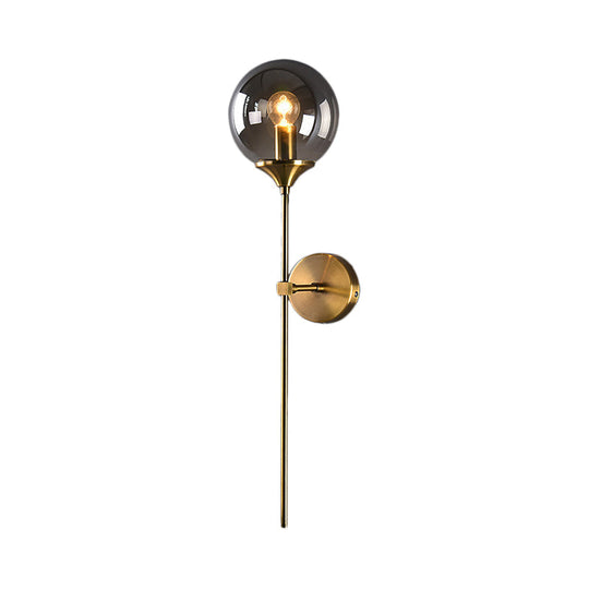 Brass Globe Shade Wall Sconce - Modern Single Bulb Clear/Grey/Amber Glass Light For Bedroom