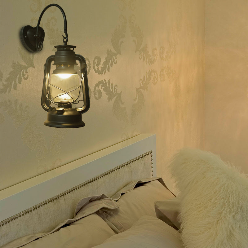 Coastal Lantern Wall Sconce: 1-Bulb Clear Glass Light In Black/Bronze/Copper For Corridor Black