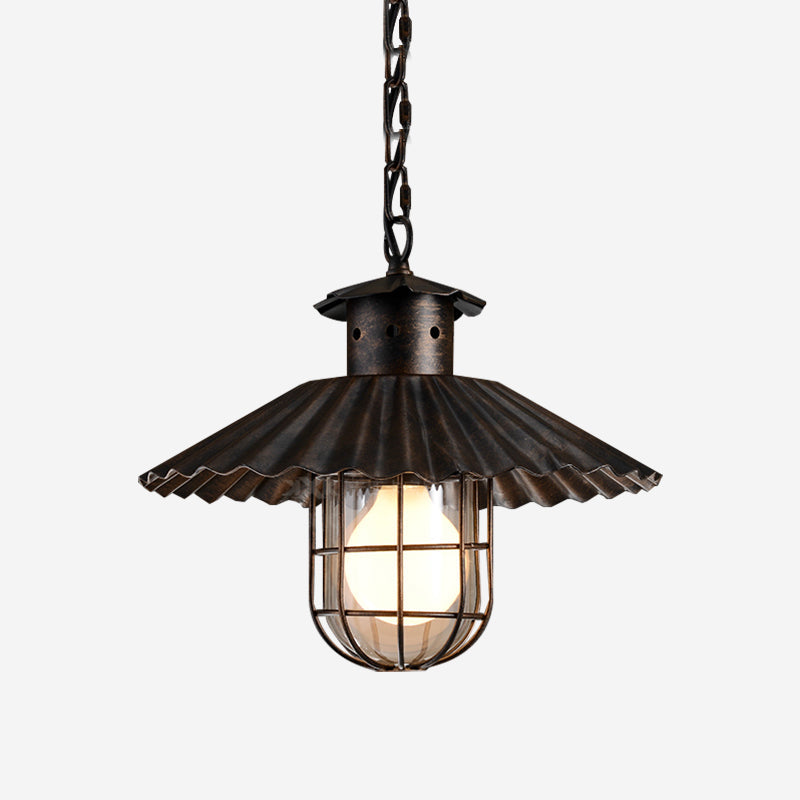 Rustic Wrought Iron Scalloped-Edged Hanging Lamp with Cage - 1 Head Pendant Light for Restaurants