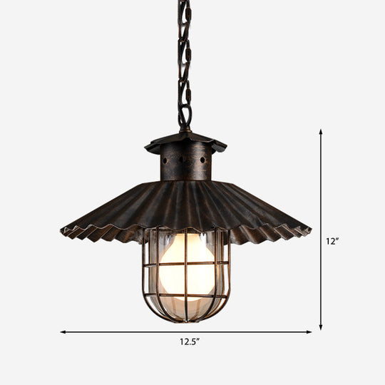 Rustic Wrought Iron Scalloped-Edged Hanging Lamp with Cage - 1 Head Pendant Light for Restaurants