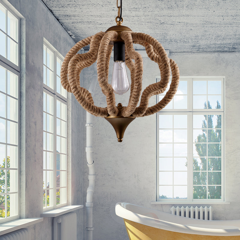 Vintage Style Pendant Light Fixture - Antique Brass Geometric Cage With Rope Detailing Ideal For