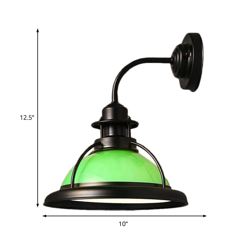 Industrial Single Bulb Glass Wall Mounted Lamp - Dome White/Green Bedroom Sconce Light In Black