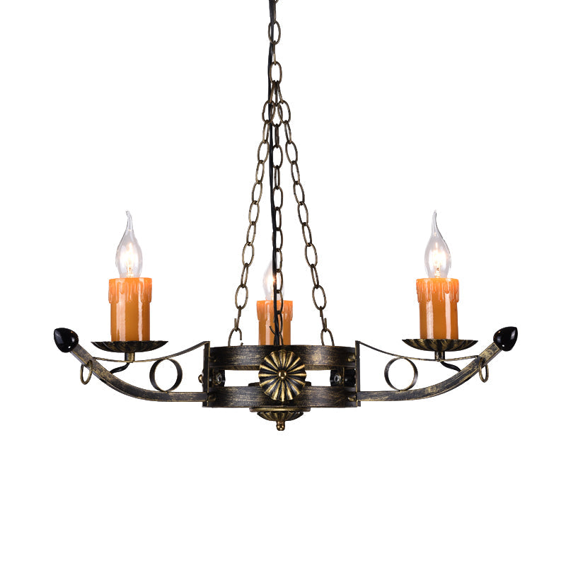 Antique Brass Chandelier With Three Metal Candle Heads - Perfect For Coffee Shops