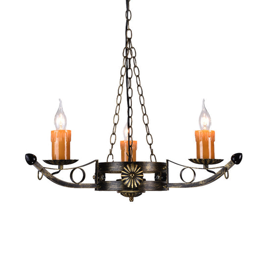 Antique Brass Chandelier With Three Metal Candle Heads - Perfect For Coffee Shops