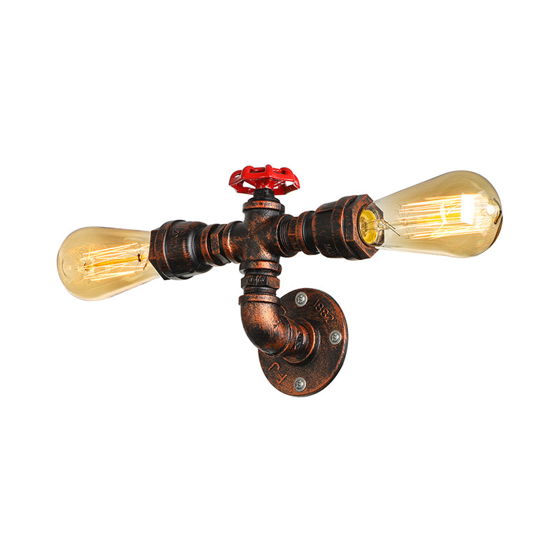 Warehouse Style Open Bulb Metal Wall Lamp With Water Valve - Dark Rust Sconce Lighting For Living