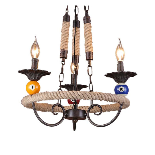 Industrial Metal Chandelier With Roped Ring Bar And Billiard Ball Décor - 3/6 Lights Rust Hanging