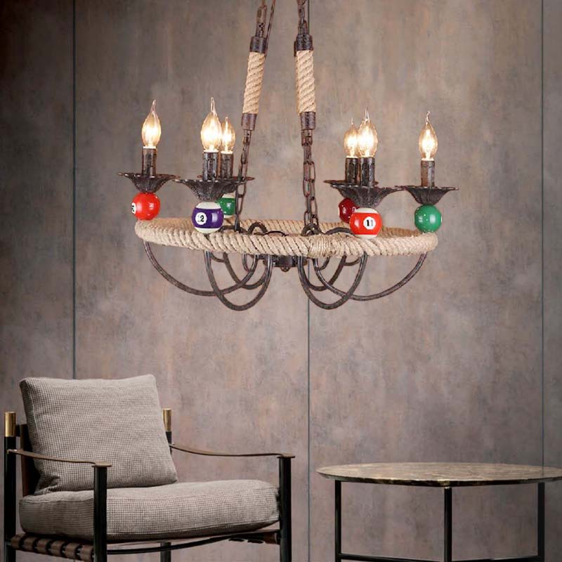 Industrial Metal Chandelier With Roped Ring Bar And Billiard Ball Décor - 3/6 Lights Rust Hanging