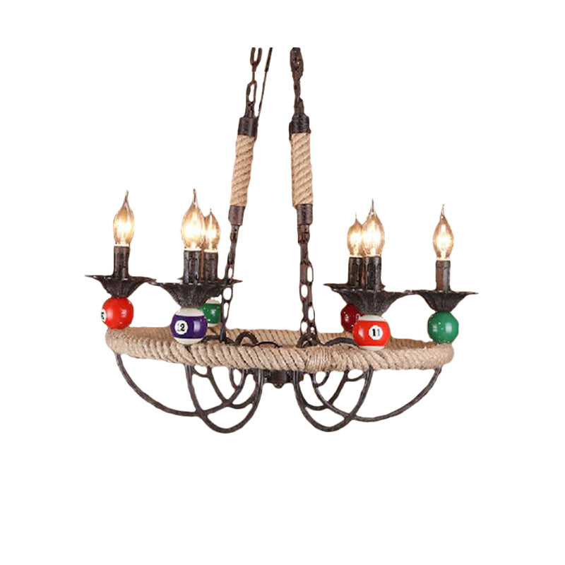 Industrial Metal Chandelier With Roped Ring Bar And Billiard Ball Décor - 3/6 Lights Rust Hanging