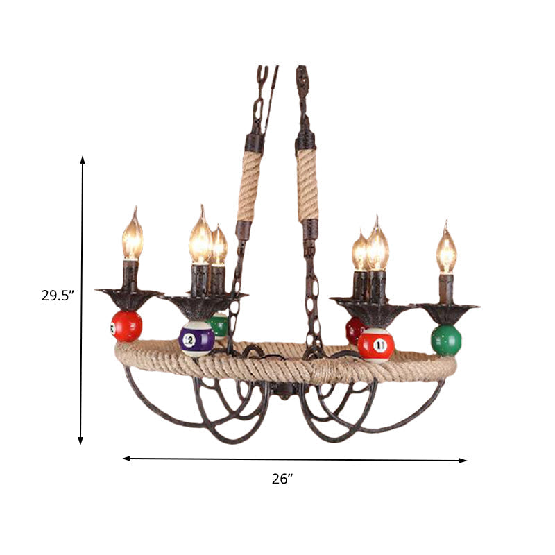 Industrial Metal Chandelier With Roped Ring Bar And Billiard Ball Décor - 3/6 Lights Rust Hanging